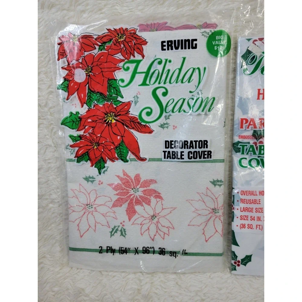 Vintage Christmas‎ Tablecloth Lot of 5 Poinsettias Holly Paper, Plastic & Fabric